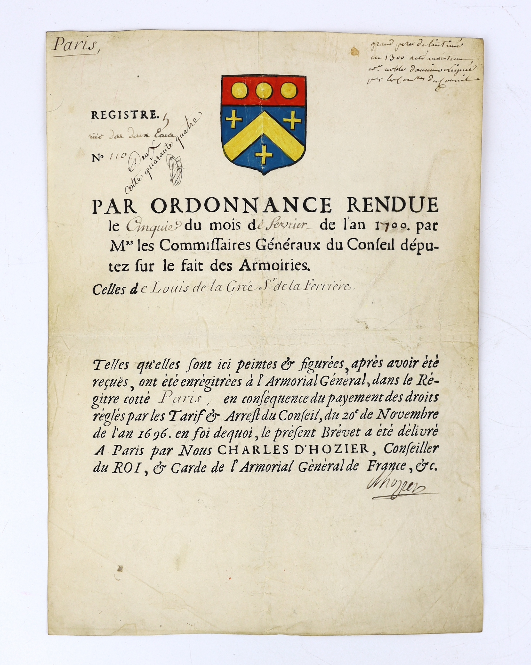 Pre-revolutionary France, 1677-1700, i. Louis XIV, King of France (1638-1715); order, signed Louis, to [François de Montlézun de] Besmaus, governor of the Bastille, Paris